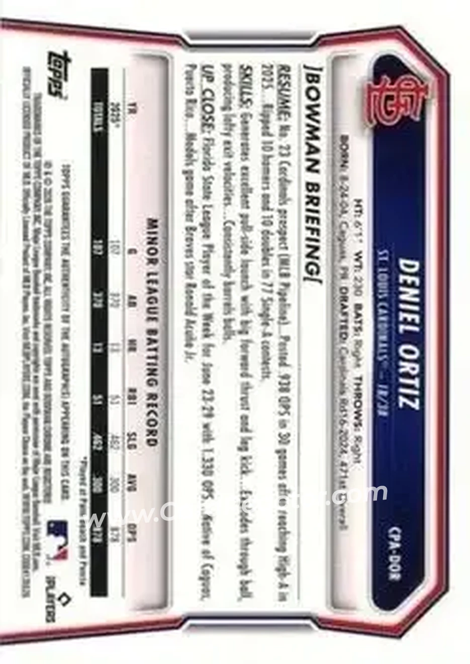 2026 Bowman - Chrome Prospect Autographs #CPA-DOR - Deniel Ortiz - St. Louis Cardinals - Back