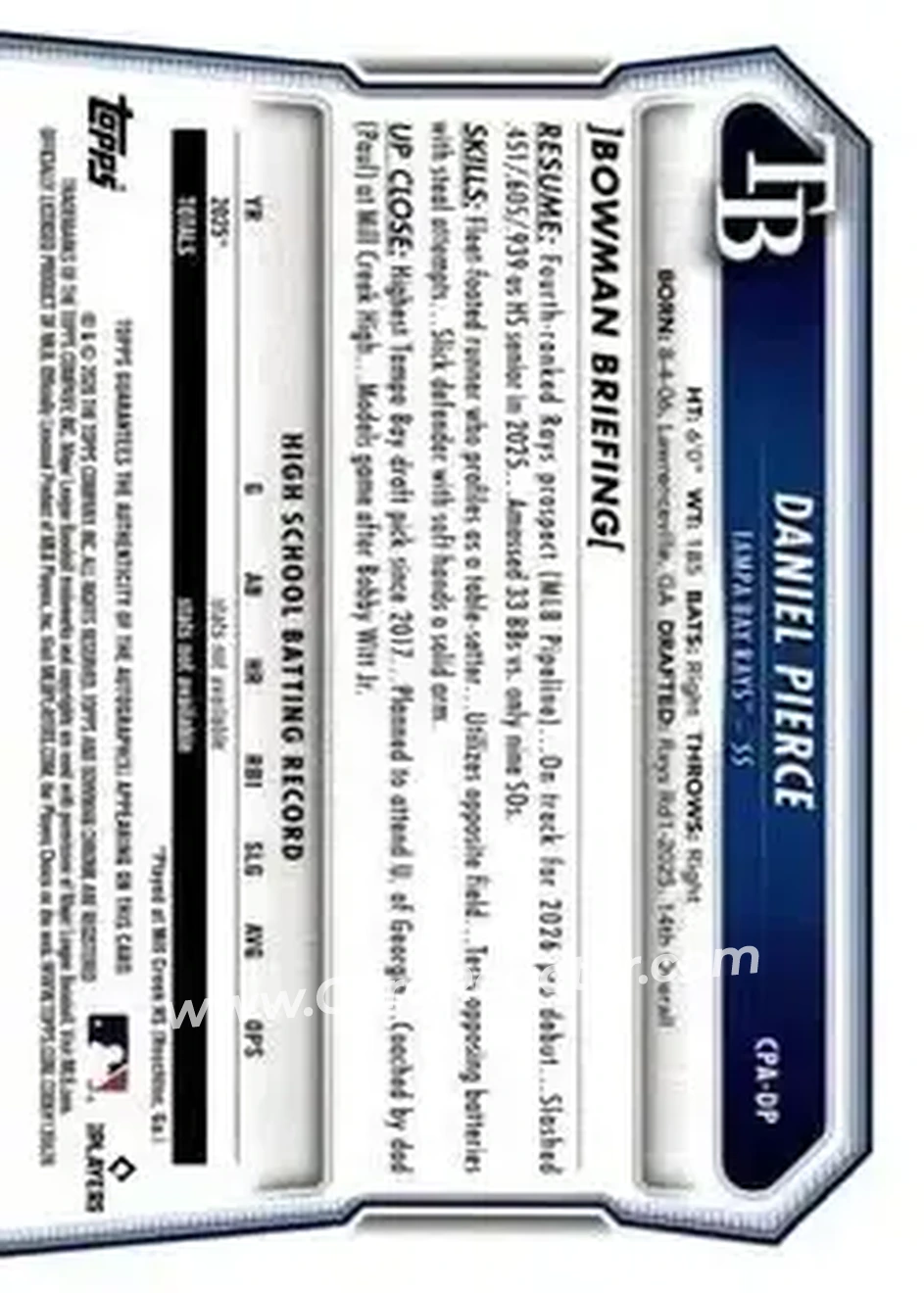 2026 Bowman - Chrome Prospect Autographs #CPA-DP - Daniel Pierce - Tampa Bay Rays - Back