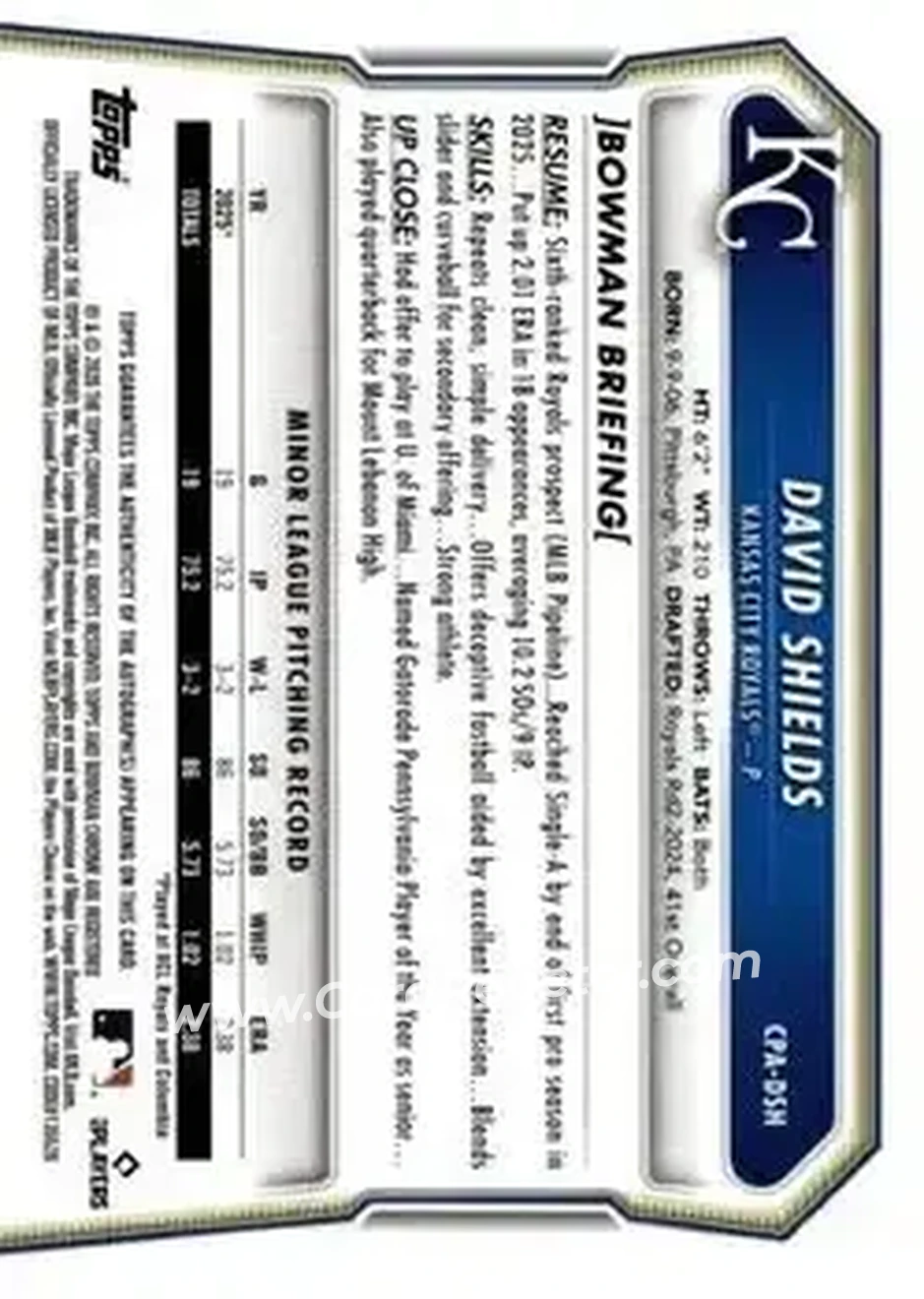 2026 Bowman - Chrome Prospect Autographs #CPA-DSH - David Shields - Kansas City Royals - Back