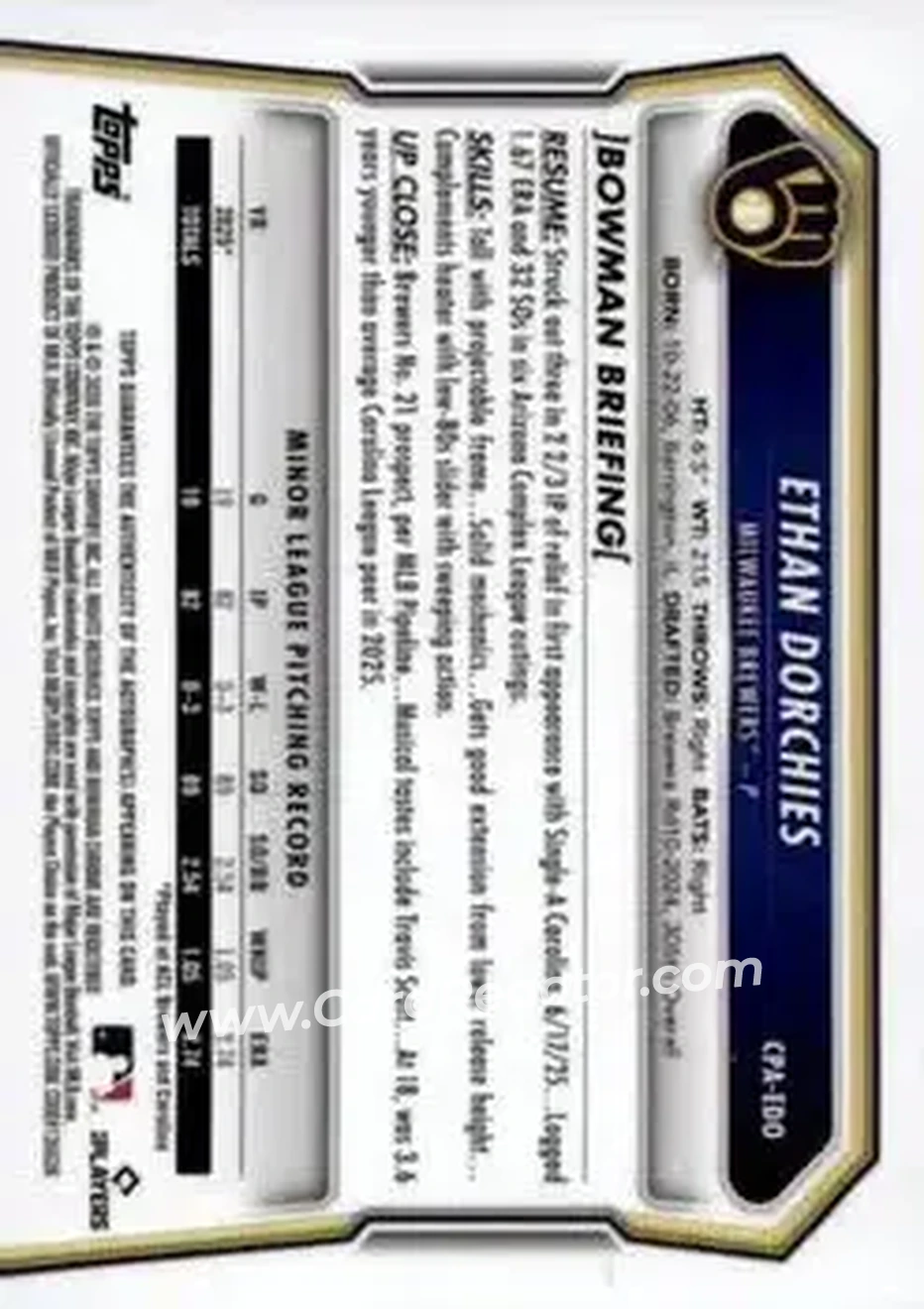 2026 Bowman - Chrome Prospect Autographs #CPA-EDO - Ethan Dorchies - Milwaukee Brewers - Back