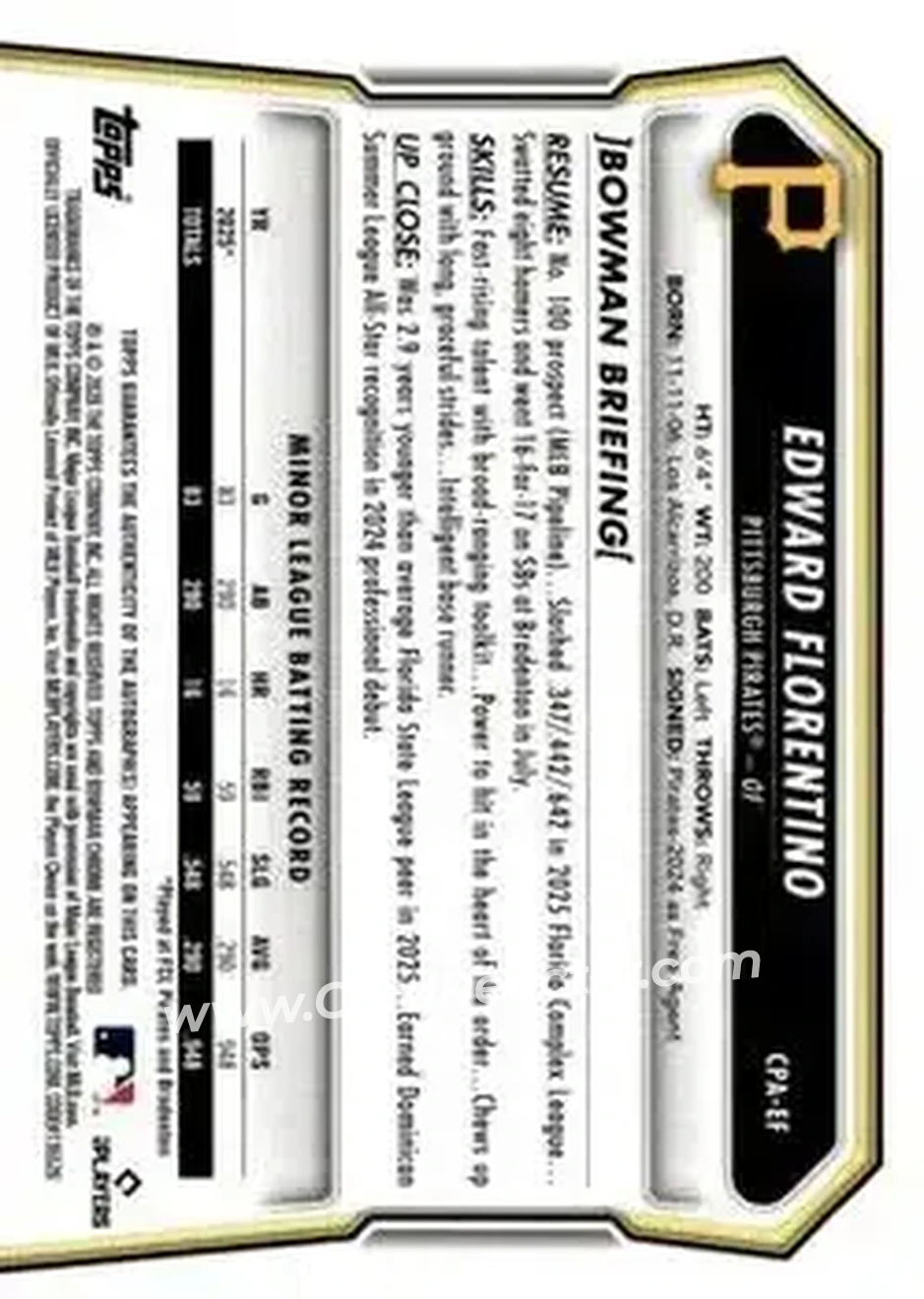 2026 Bowman - Chrome Prospect Autographs #CPA-EF - Edward Florentino - Pittsburgh Pirates - Back