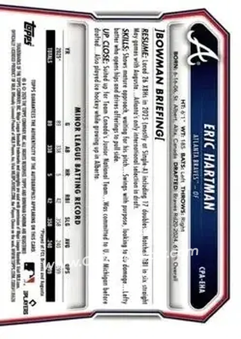 2026 Bowman - Chrome Prospect Autographs #CPA-EHA - Eric Hartman - Atlanta Braves - Back