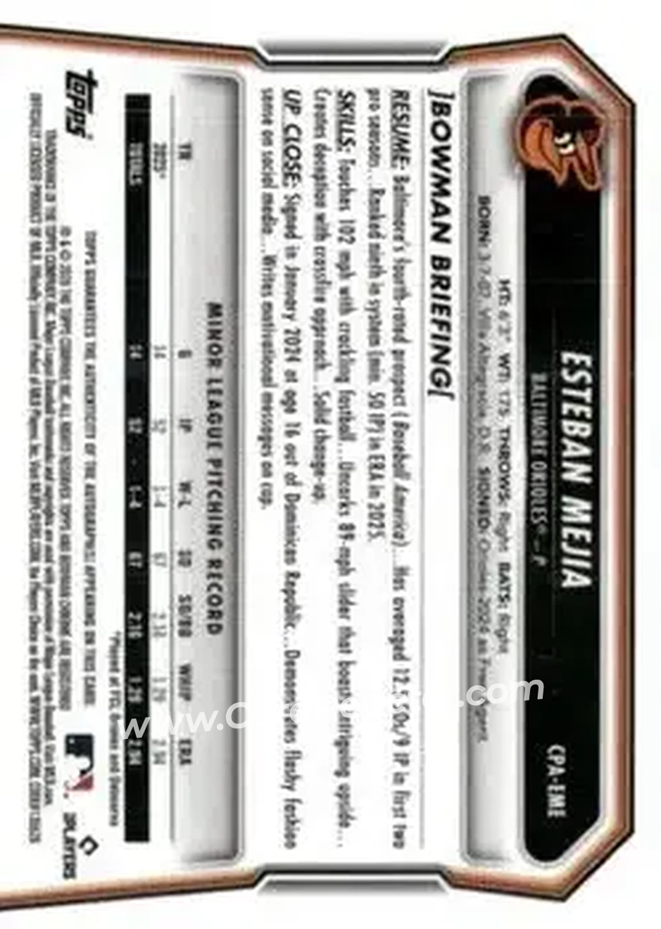 2026 Bowman - Chrome Prospect Autographs #CPA-EME - Esteban Mejia - Baltimore Orioles - Back