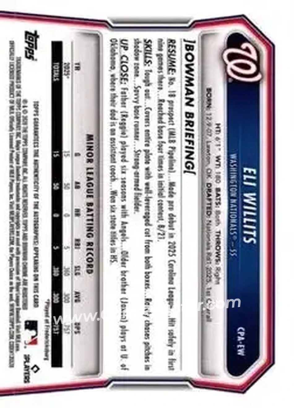2026 Bowman - Chrome Prospect Autographs #CPA-EW - Eli Willits - Washington Nationals - Back