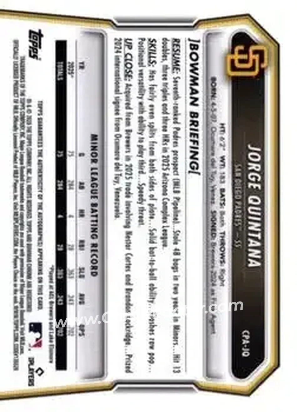 2026 Bowman - Chrome Prospect Autographs #CPA-JQ - Jorge Quintana - San Diego Padres - Back 2026 Bowman - Chrome Prospect Autographs #CPA-JQ - Jorge Quintana - San Diego Padres - Back