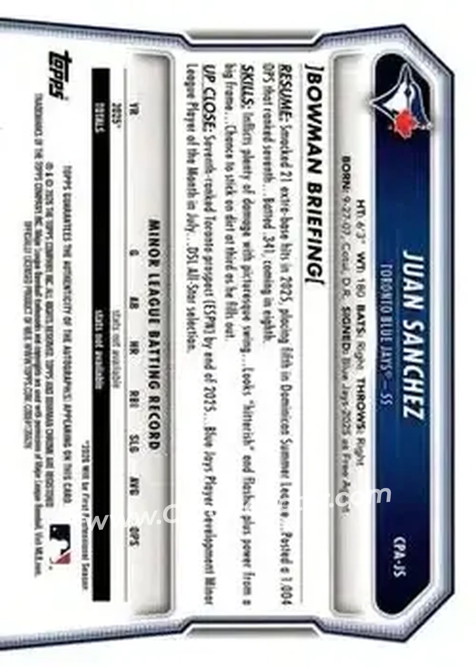 2026 Bowman - Chrome Prospect Autographs #CPA-JS - Juan Sanchez - Toronto Blue Jays - Back