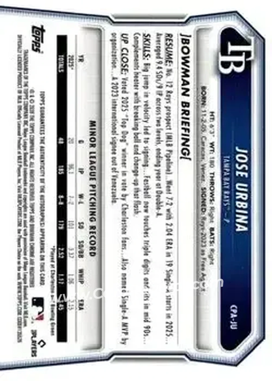 2026 Bowman - Chrome Prospect Autographs #CPA-JU - Jose Urbina - Tampa Bay Rays - Back