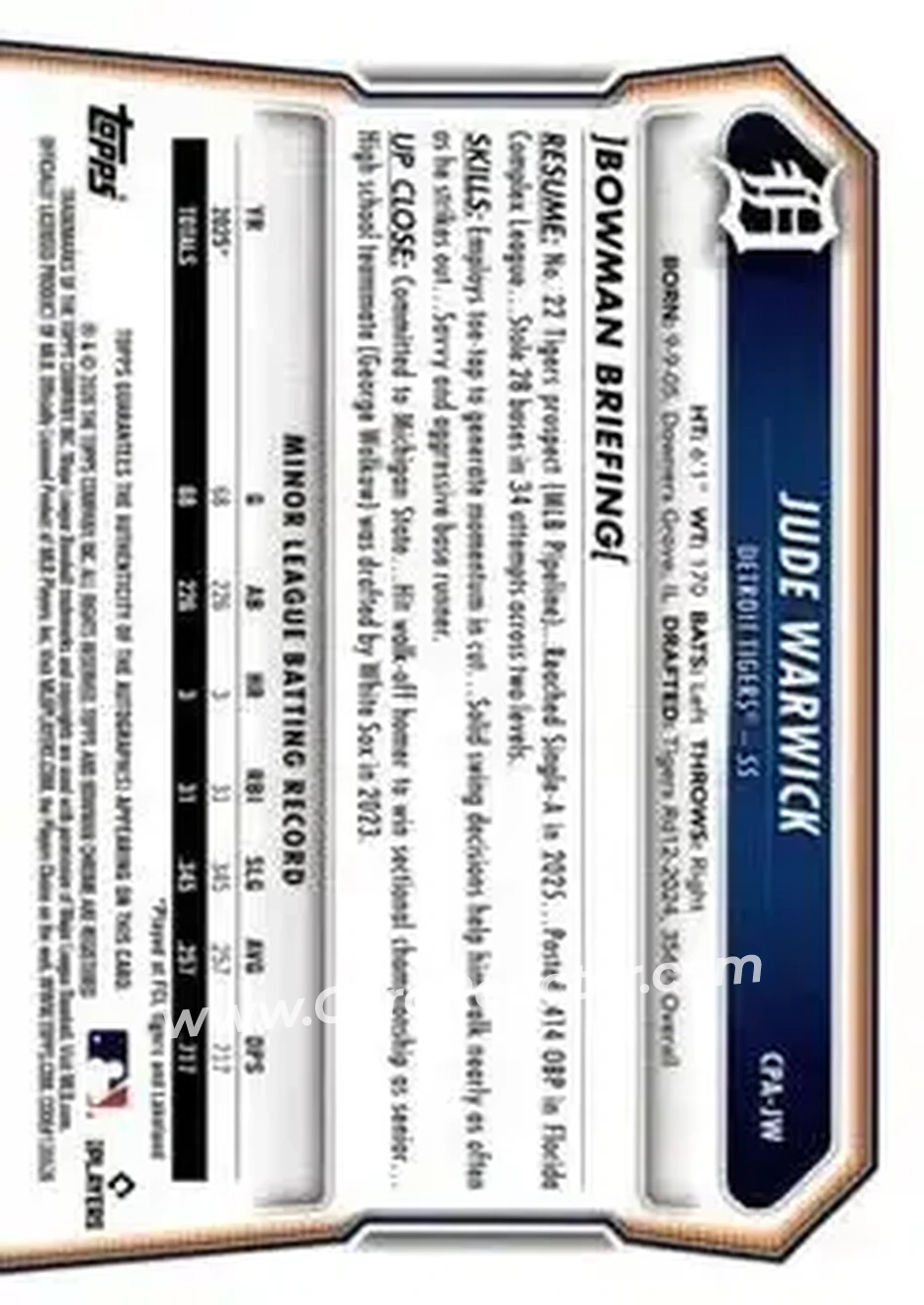 2026 Bowman - Chrome Prospect Autographs #CPA-JW - Jude Warwick - Detroit Tigers - Back