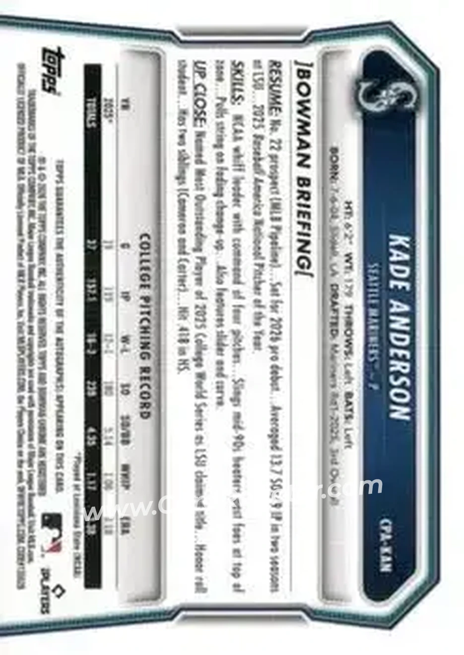2026 Bowman - Chrome Prospect Autographs #CPA-KAN - Kade Anderson - Seattle Mariners - Back
