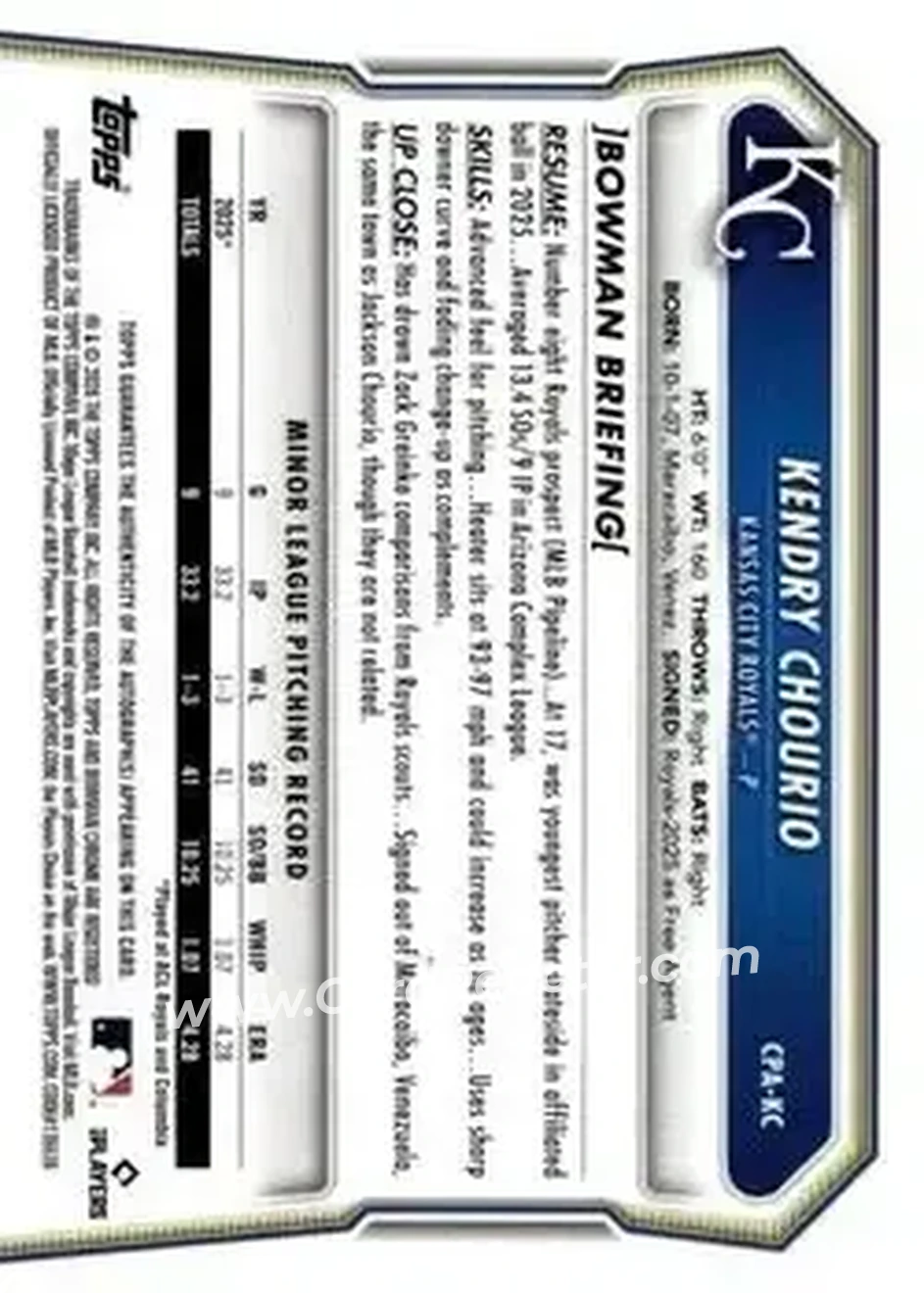 2026 Bowman - Chrome Prospect Autographs #CPA-KC - Kendry Chourio - Kansas City Royals - Back