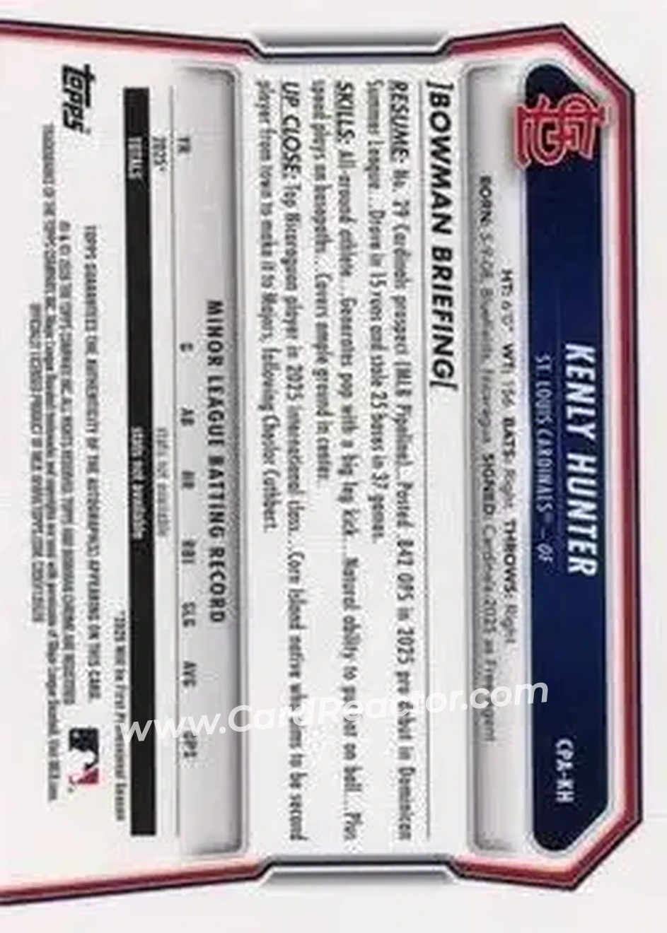 2026 Bowman - Chrome Prospect Autographs #CPA-KH - Kenly Hunter - St. Louis Cardinals - Back