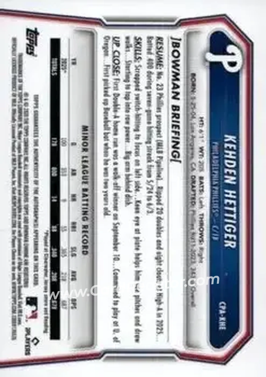 2026 Bowman - Chrome Prospect Autographs #CPA-KHE - Kehden Hettiger - Philadelphia Phillies - Back