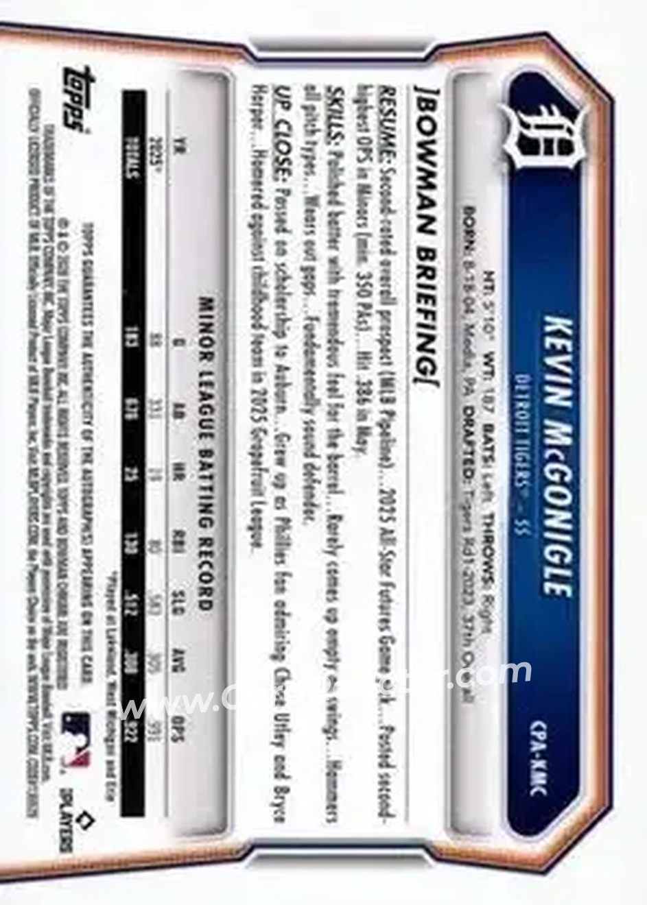 2026 Bowman - Chrome Prospect Autographs #CPA-KMC - Kevin McGonigle - Detroit Tigers - Back