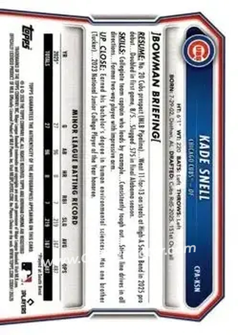 2026 Bowman - Chrome Prospect Autographs #CPA-KSN - Kade Snell - Chicago Cubs - Back