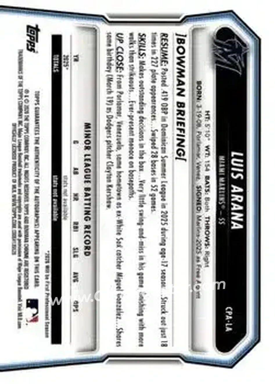 2026 Bowman - Chrome Prospect Autographs #CPA-LA - Luis Arana - Miami Marlins - Back