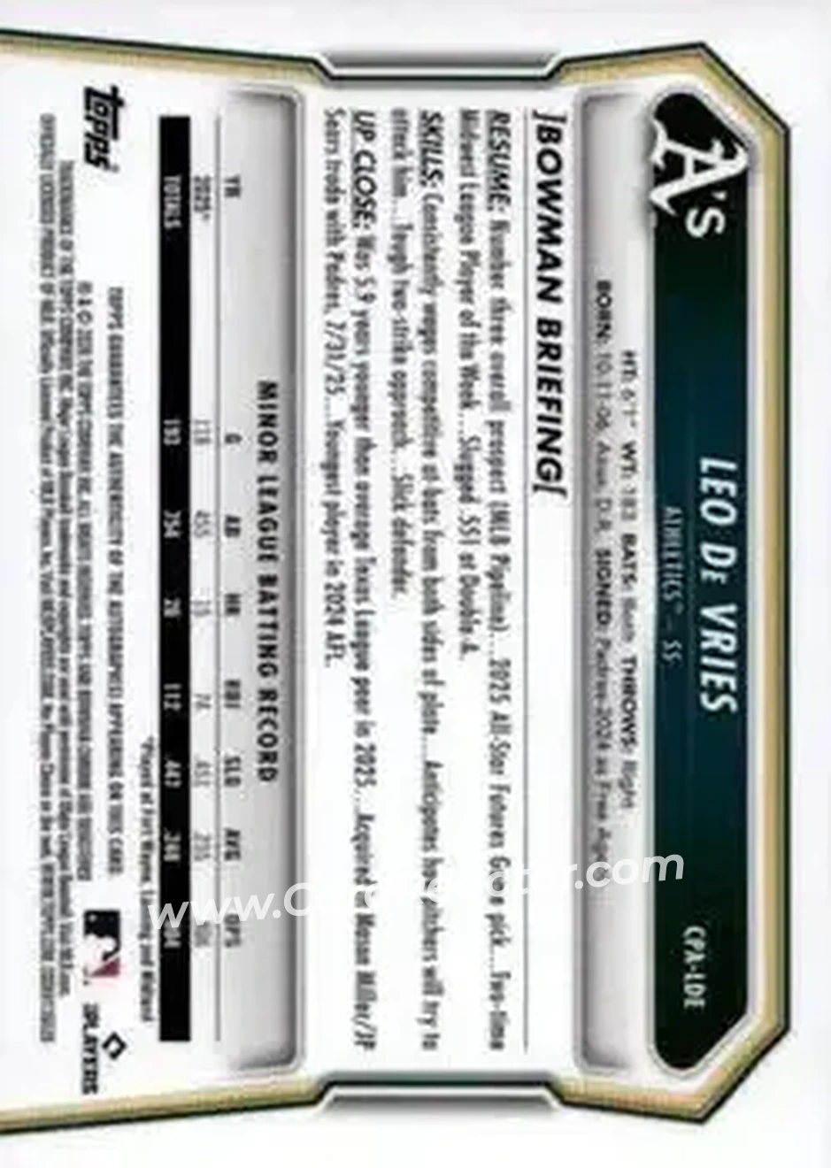 2026 Bowman - Chrome Prospect Autographs #CPA-LDE - Leo De Vries - Athletics - Back