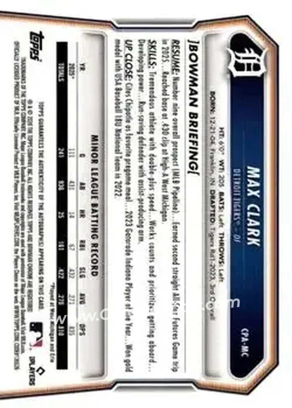 2026 Bowman - Chrome Prospect Autographs #CPA-MC - Max Clark - Detroit Tigers - Back