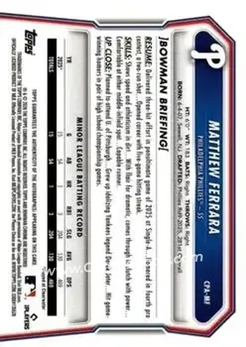 2026 Bowman - Chrome Prospect Autographs #CPA-MF - Matthew Ferrara - Philadelphia Phillies - Back
