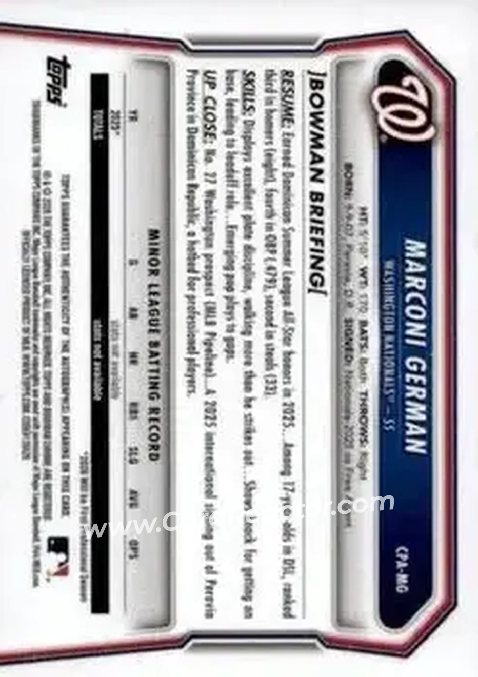 2026 Bowman - Chrome Prospect Autographs #CPA-MG - Marconi German - Washington Nationals - Back