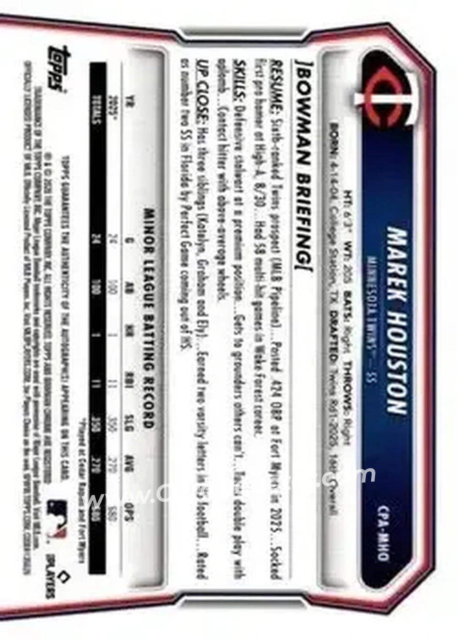 2026 Bowman - Chrome Prospect Autographs #CPA-MHO - Marek Houston - Minnesota Twins - Back