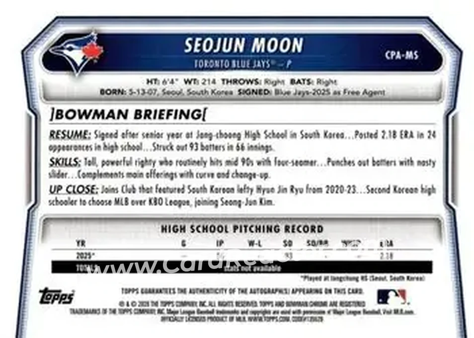 2026 Bowman - Chrome Prospect Autographs #CPA-MS - Seojun Moon - Toronto Blue Jays - Back