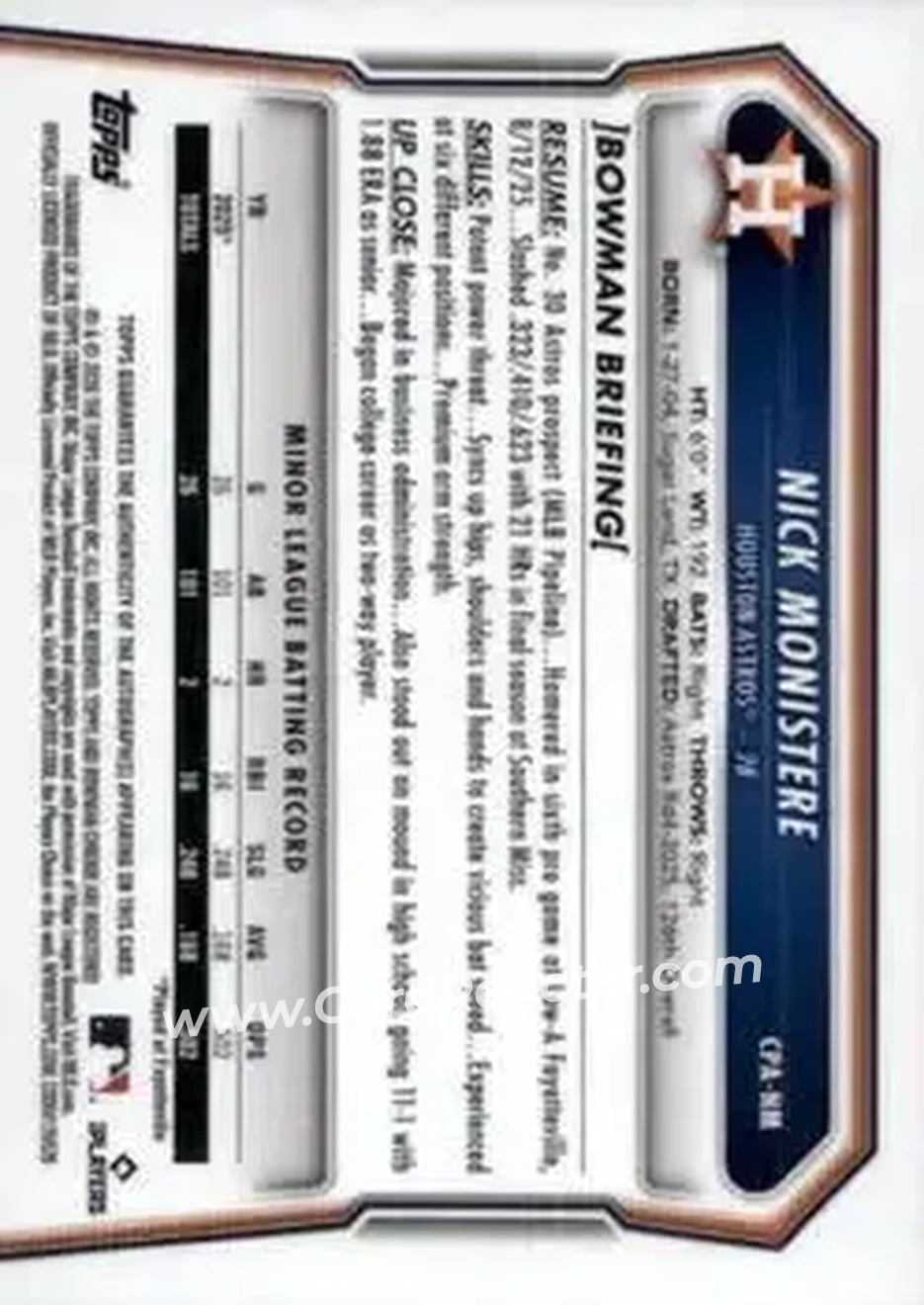 2026 Bowman - Chrome Prospect Autographs #CPA-NM - Nick Monistere - Houston Astros - Back
