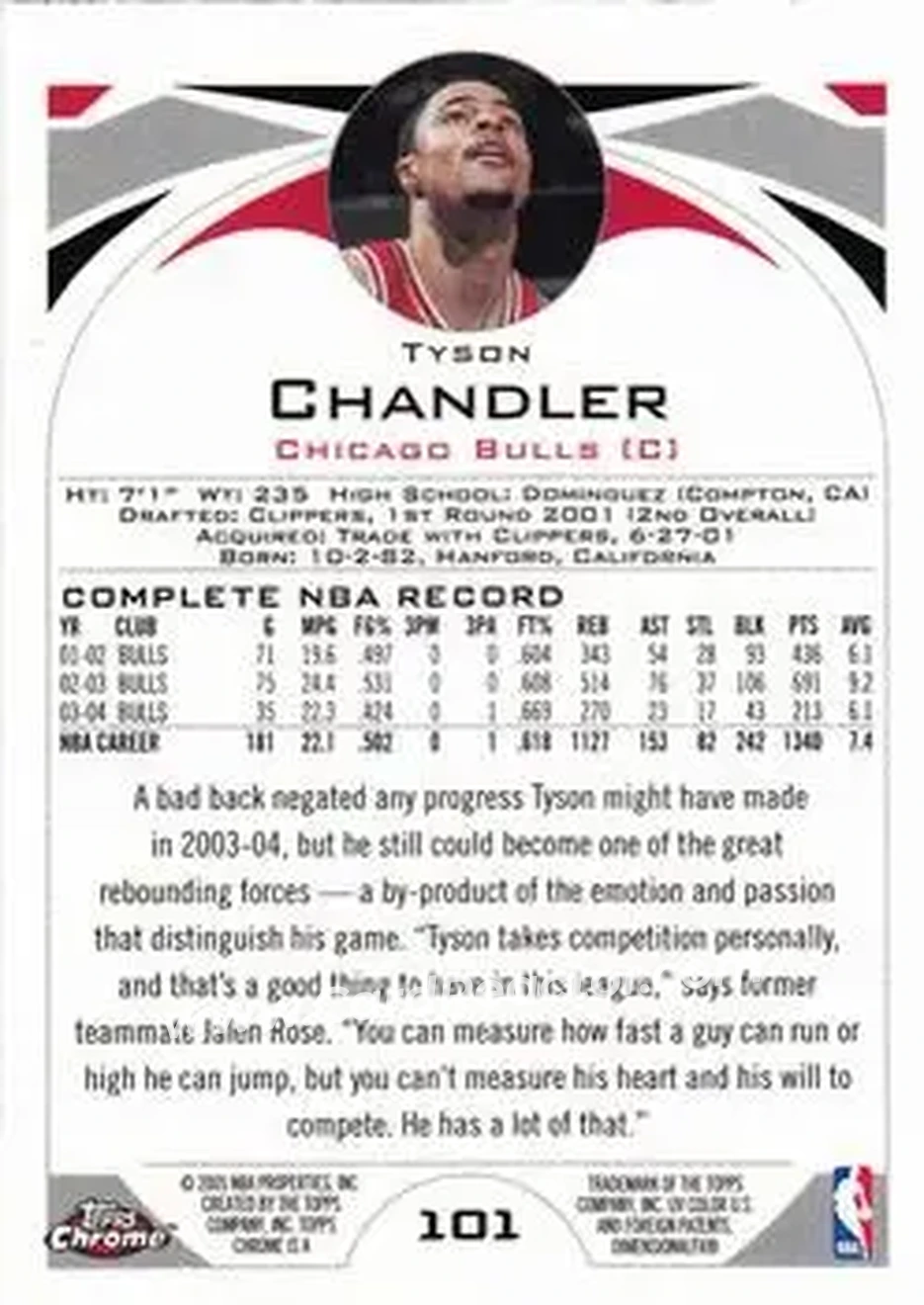 2004-05 Topps Chrome #101 - Tyson Chandler - Chicago Bulls - Back