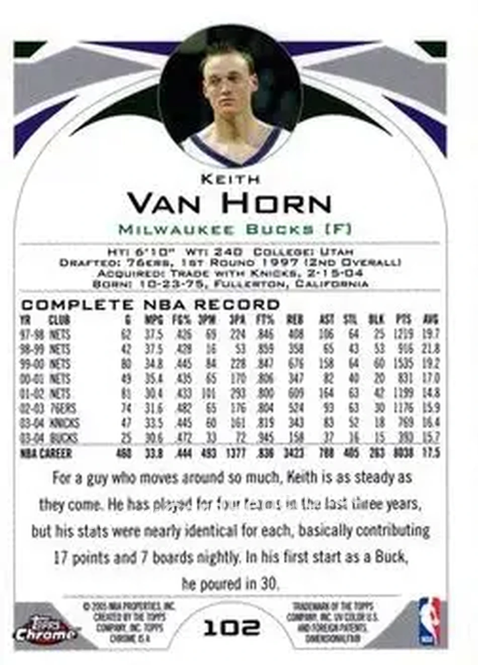 2004-05 Topps Chrome #102 - Keith Van Horn - Milwaukee Bucks - Back