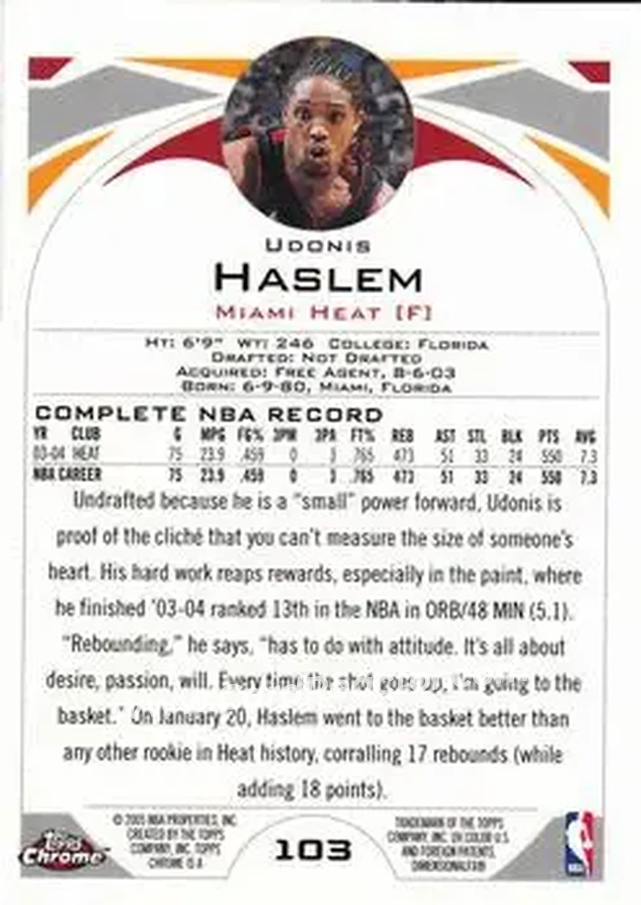 2004-05 Topps Chrome #103 - Udonis Haslem - Miami Heat - Back