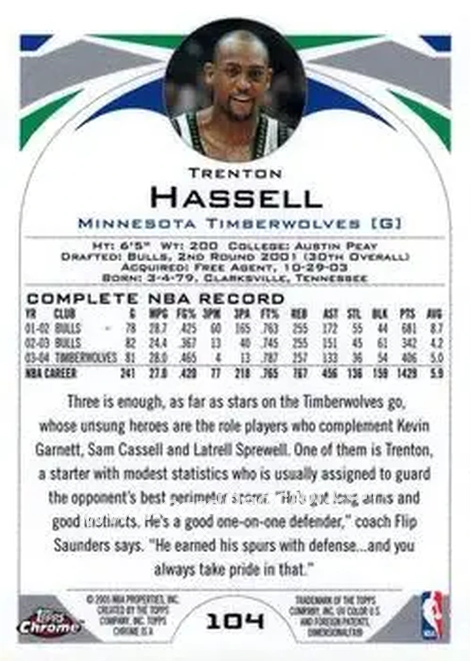 2004-05 Topps Chrome #104 - Trenton Hassell - Minnesota Timberwolves - Back