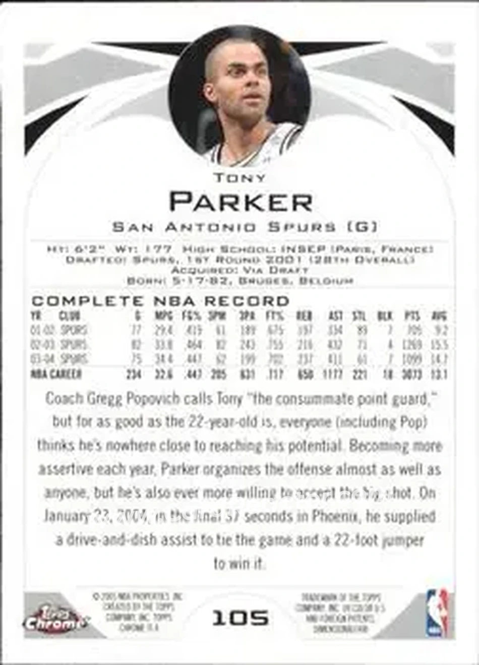 2004-05 Topps Chrome #105 - Tony Parker - San Antonio Spurs - Back