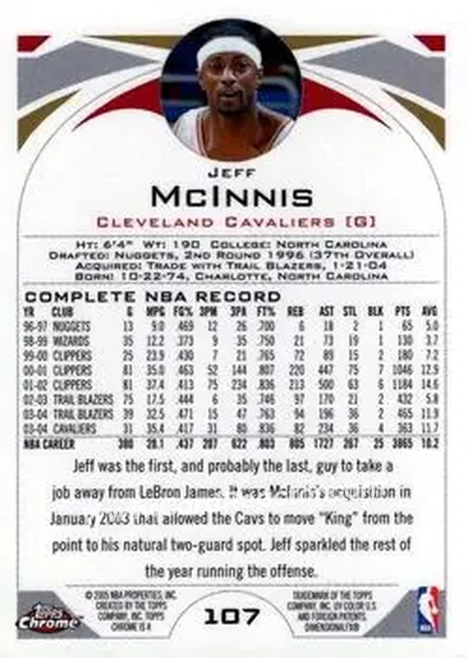 2004-05 Topps Chrome #107 - Jeff McInnis - Cleveland Cavaliers - Back