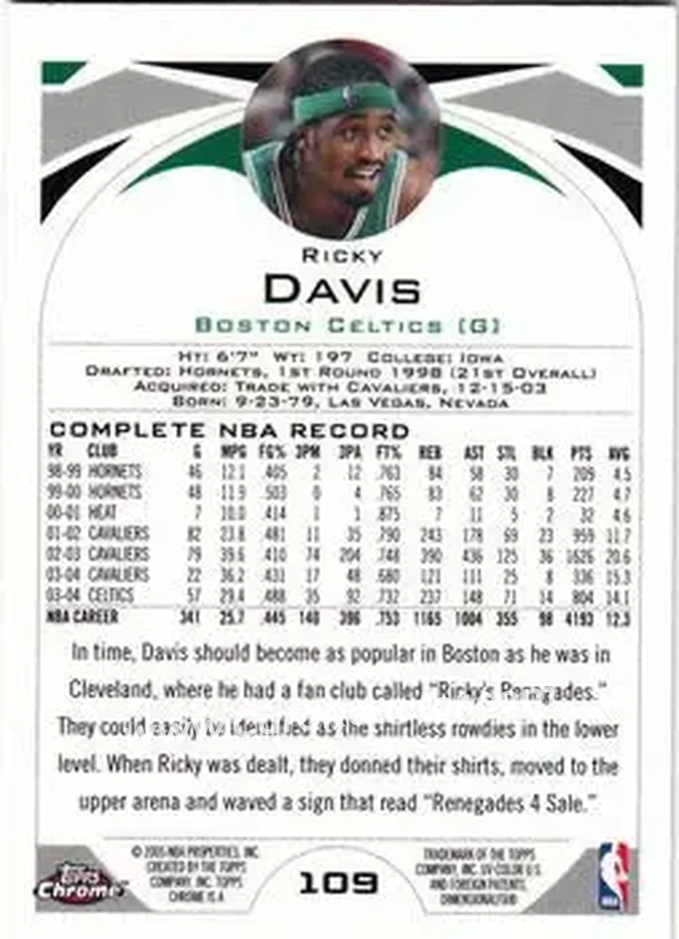 2004-05 Topps Chrome #109 - Ricky Davis - Boston Celtics - Back
