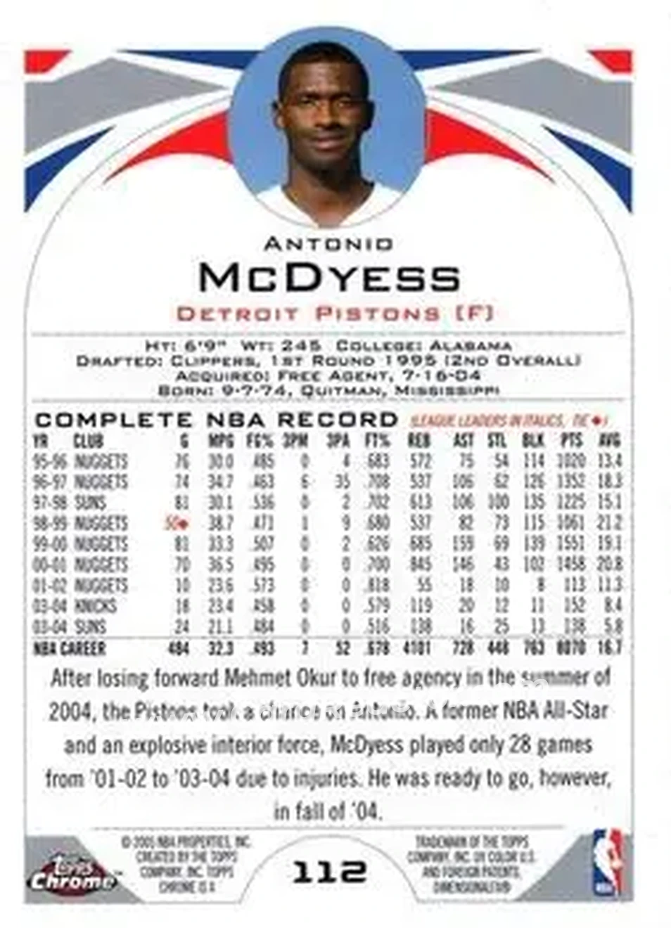 2004-05 Topps Chrome #112 - Antonio McDyess - Detroit Pistons - Back 2004-05 Topps Chrome #112 - Antonio McDyess - Detroit Pistons - Back