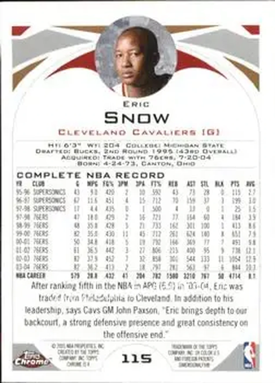 2004-05 Topps Chrome #115 - Eric Snow - Cleveland Cavaliers - Back 2004-05 Topps Chrome #115 - Eric Snow - Cleveland Cavaliers - Back