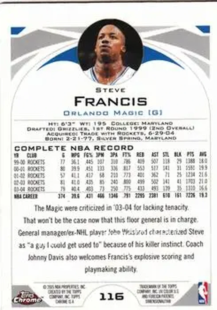 2004-05 Topps Chrome #116 - Steve Francis - Orlando Magic - Back