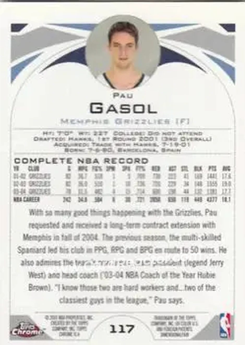 2004-05 Topps Chrome #117 - Pau Gasol - Memphis Grizzlies - Back