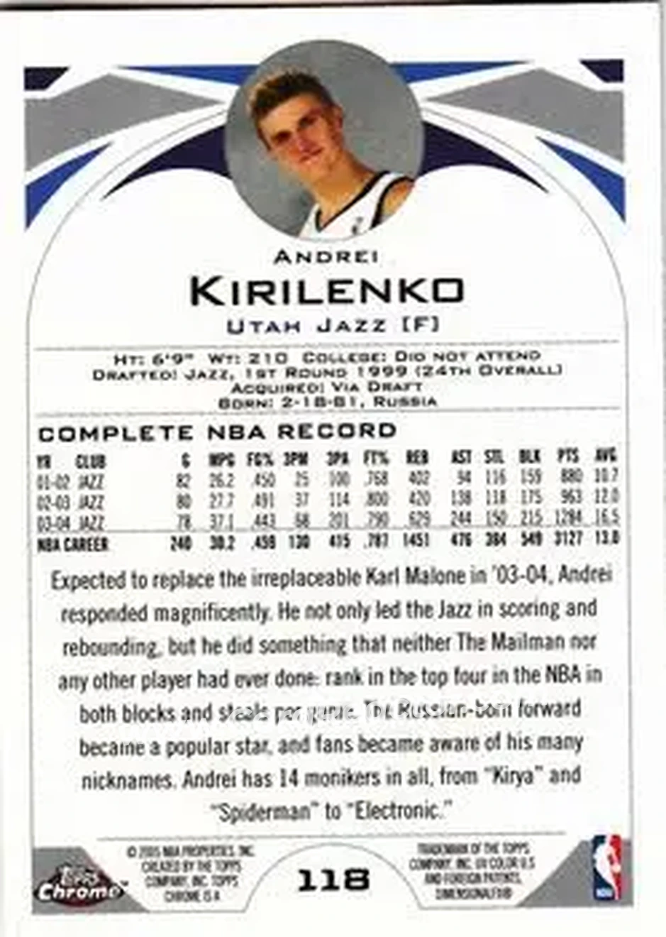 2004-05 Topps Chrome #118 - Andrei Kirilenko - Utah Jazz - Back