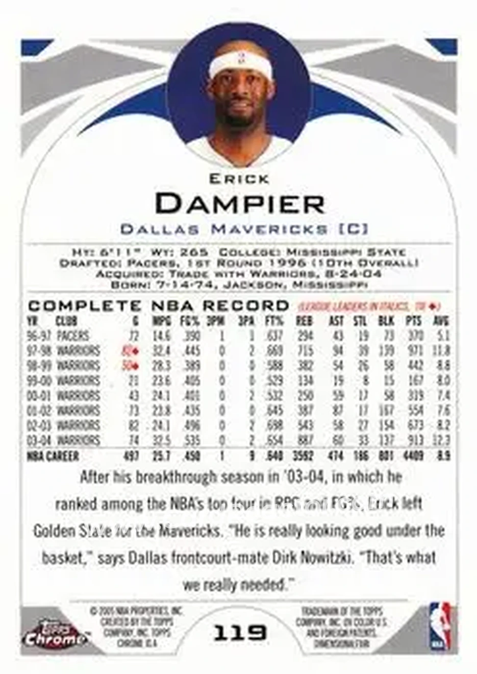 2004-05 Topps Chrome #119 - Erick Dampier - Dallas Mavericks - Back