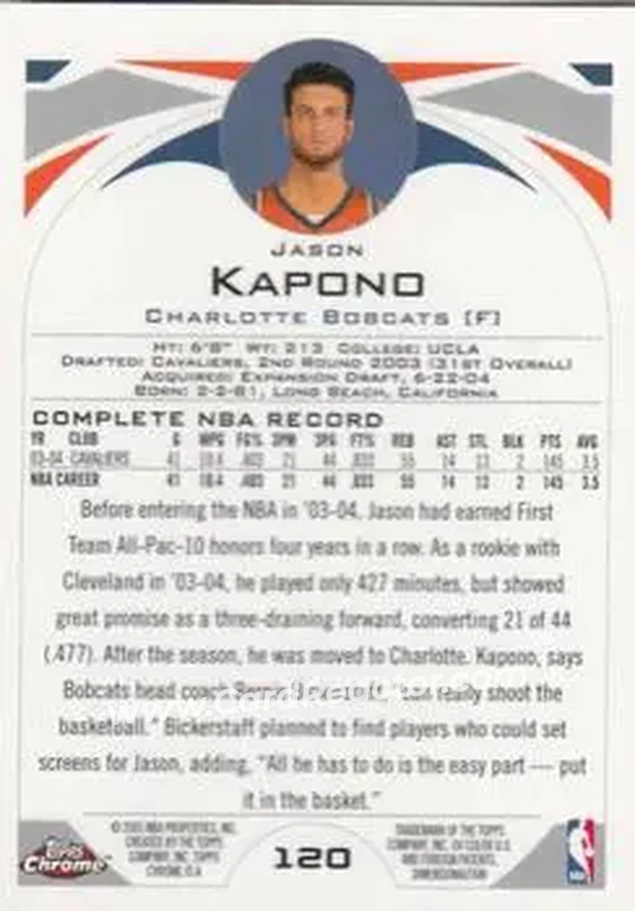2004-05 Topps Chrome #120 - Jason Kapono - Charlotte Bobcats - Back