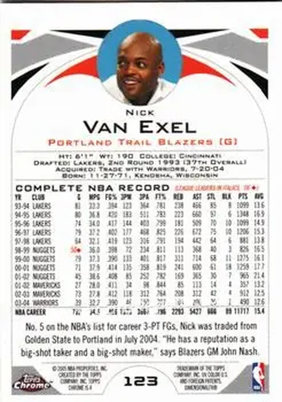 2004-05 Topps Chrome #123 - Nick Van Exel - Portland Trail Blazers - Back