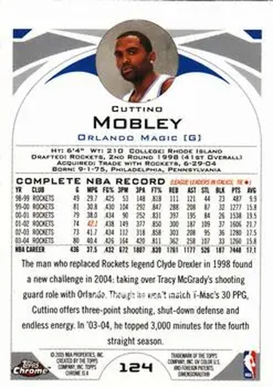 2004-05 Topps Chrome #124 - Cuttino Mobley - Orlando Magic - Back