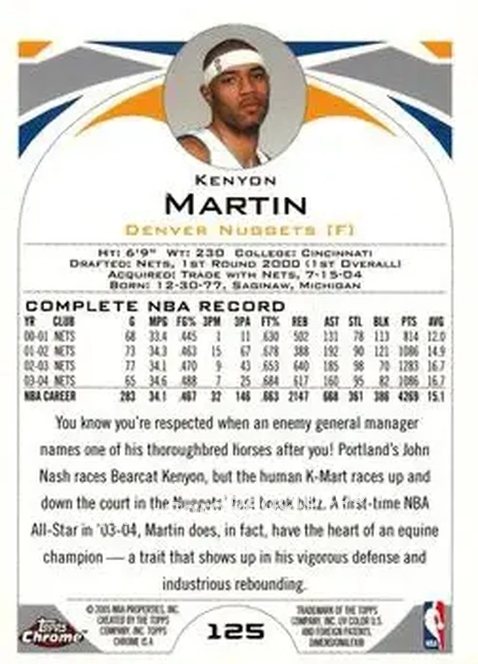 2004-05 Topps Chrome #125 - Kenyon Martin - Denver Nuggets - Back