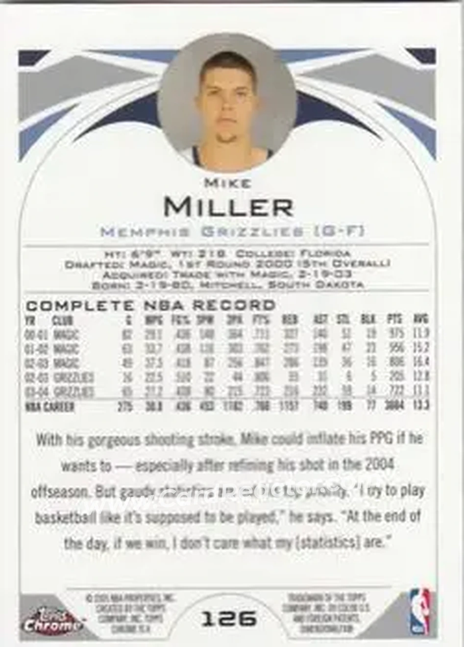 2004-05 Topps Chrome #126 - Mike Miller - Memphis Grizzlies - Back