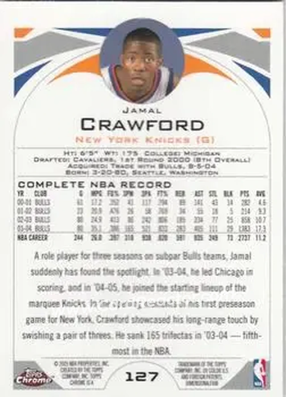 2004-05 Topps Chrome #127 - Jamal Crawford - New York Knicks - Back