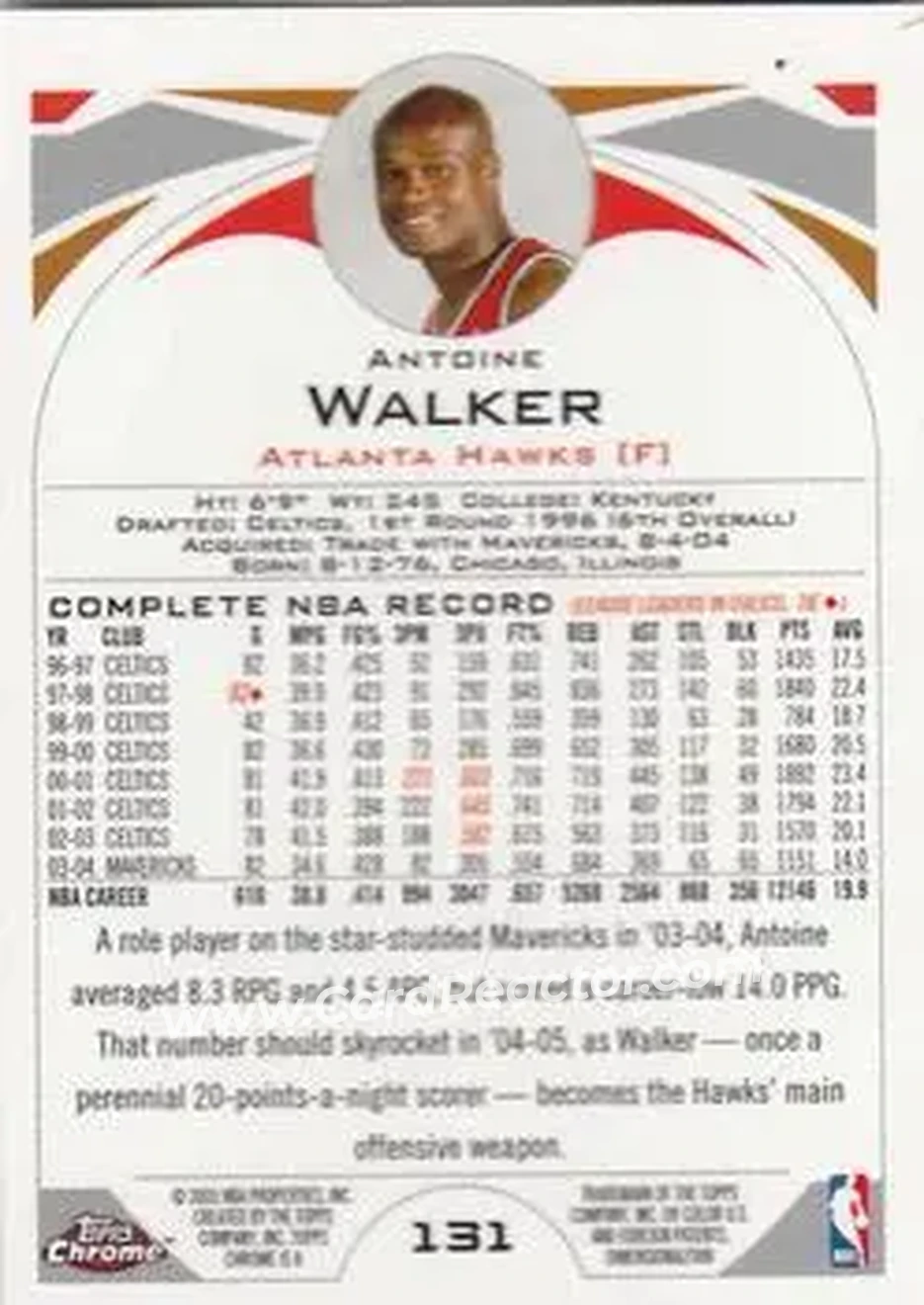 2004-05 Topps Chrome #131 - Antoine Walker - Atlanta Hawks - Back