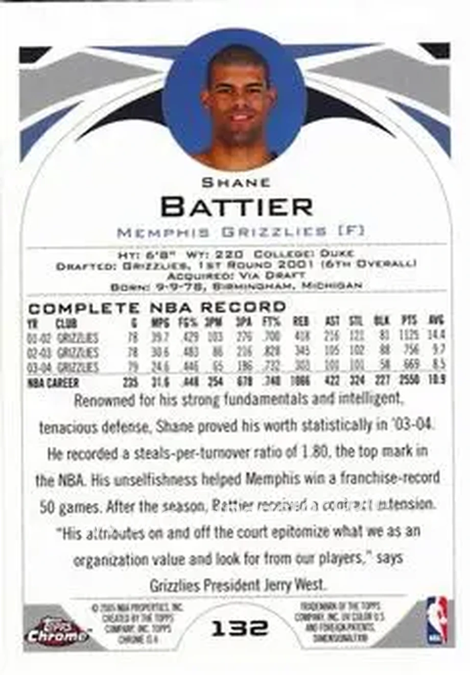 2004-05 Topps Chrome #132 - Shane Battier - Memphis Grizzlies - Back