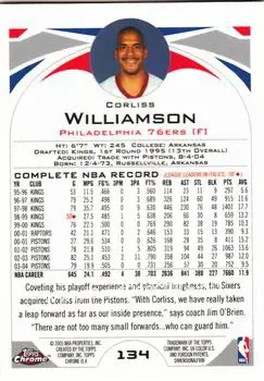 2004-05 Topps Chrome #134 - Corliss Williamson - Philadelphia 76ers - Back