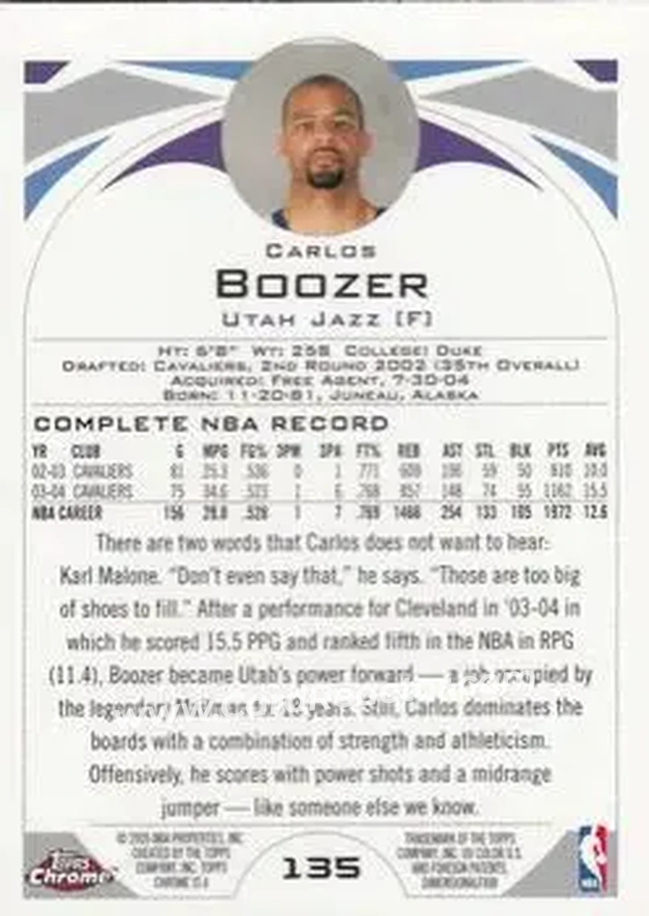 2004-05 Topps Chrome #135 - Carlos Boozer - Utah Jazz - Back