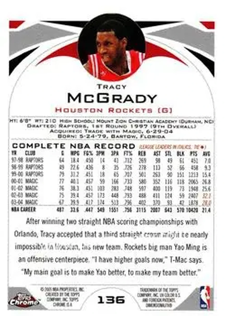 2004-05 Topps Chrome #136 - Tracy McGrady - Houston Rockets - Back 2004-05 Topps Chrome #136 - Tracy McGrady - Houston Rockets - Back